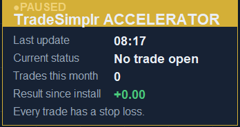 The TradeSimplr ACCELERATOR panel showing paused